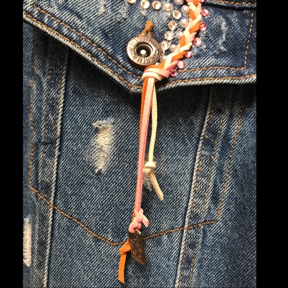 Pink Crystal Pearl Flower Embellished Distressed Jean Duster - Picture 7 of 14